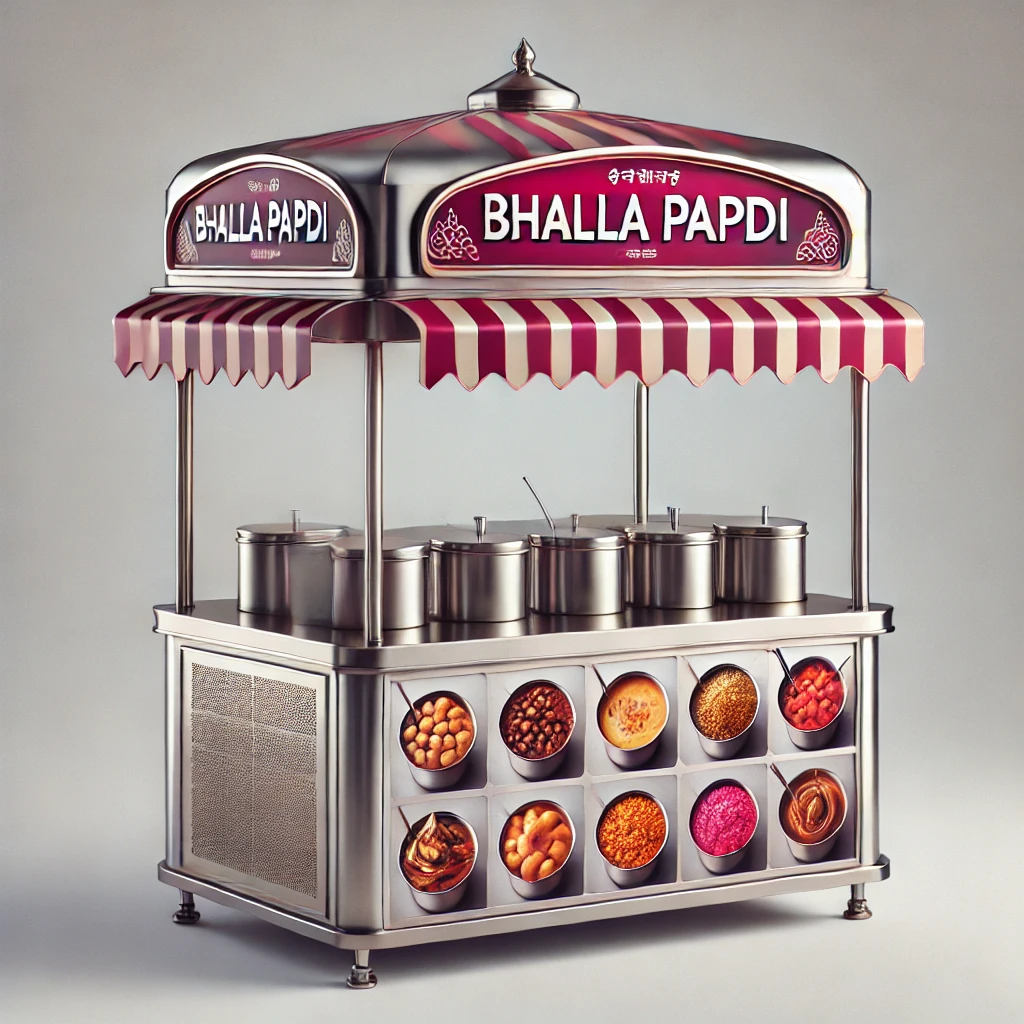 stainless steel street food counter with a canopy, similar to Indian chaat stalls. The counter has a roof-shaped top cover with a pink an