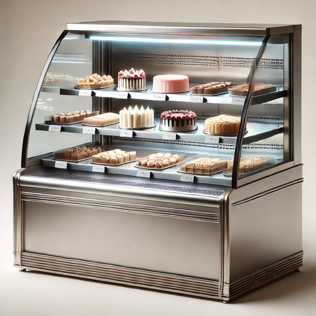stainless steel sweet display counter for a bakery or sweet shop. The counter has a straight tempered glass front, stainless steel body and base, an